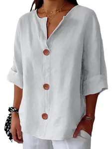Women’s Casual Linen Look Blouse, V Neck Button Down, Loose Fit Tunic Top, Lightweight 3/4 Sleeve, Ideal for Vacation, Beach, Work, Daily Wear