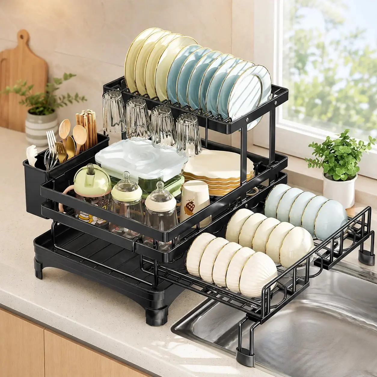 Foldable Over Sink Dish Drying Rack  Pull-Out 2-Tier Dish Drainer with Utensil Holder  Space Saving Kitchen Organizer for Small Kitchens