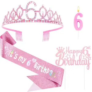 6th Birthday Party Decorations Set for Girls Pink Crown Glitter Sash Number 6 Candle & Cake Topper Kit for Birthday Celebrations Party Supplies Gift