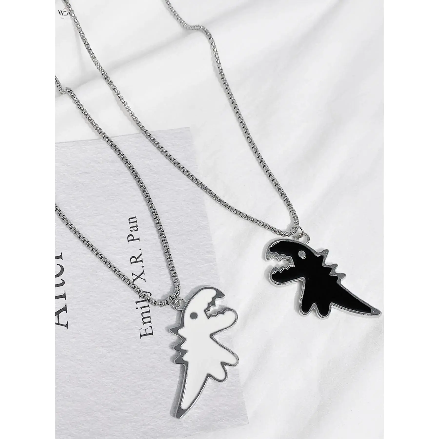 70cm Stainless Steel Box Chain Cartoon Dinosaur Pendant Necklace 2 Styles Hollow Outline & Black Enamel Fill 40g Total Weight Hip Hop Couple Streetwear Daily Neck Jewelry