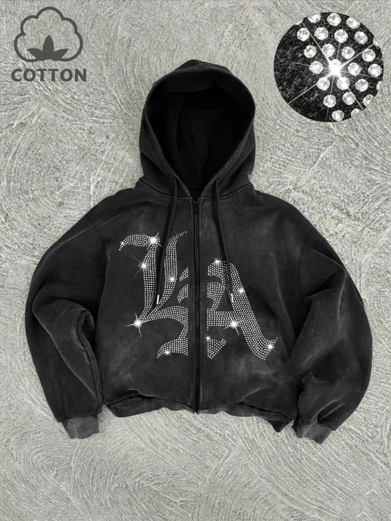 Men's Casual Hooded Sweatshirt, La Letter Rhinestone Flash, Soft Cotton Fabric, Trendy Fall, Perfect for Light Socializing, Graphic Sweatshirts