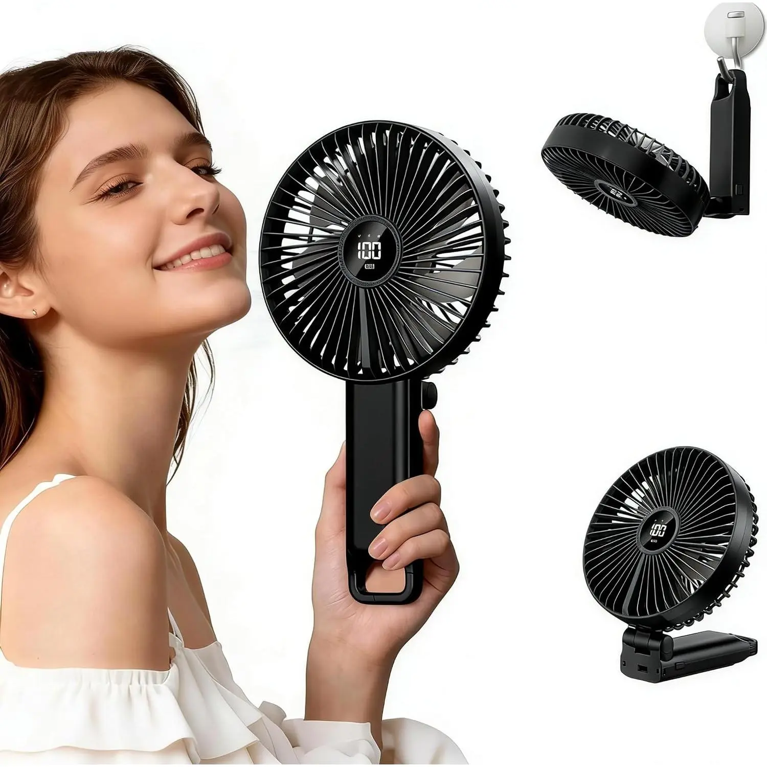 6 Inch Large Handheld Fan with LED Display, 180° Foldable Personal Fan [ Airflow], 5 Speeds USB Rechargeable  Operated Portable Desk Fan with Hook for Travel, Office, Camping