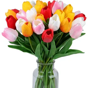 Fake Flowers Tulips Artificial Flower 15pcs Real Touch PU 14" for Spring Easter Home Kitchen Wedding Bouquet Bulk Mother's Gift Day Decorations(Assorted Colors,5)