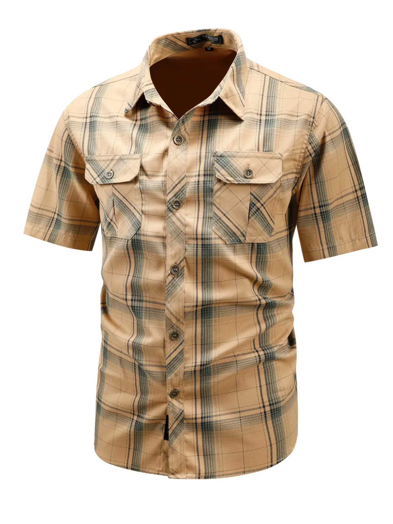 Men's Lightweight Plaid Short Sleeve Work Shirt, Dual Chest Pockets, Casual Buttons Collared Checkered Shirt, Travel Camping Daily Wear