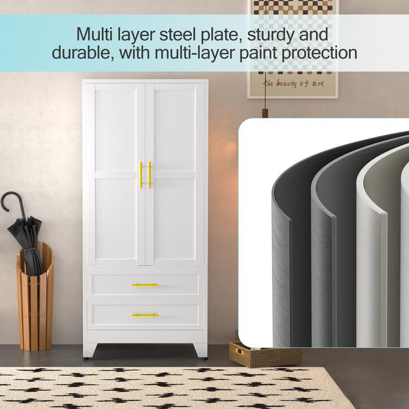 Metal Wardrobe Closet with 2 Doors & 2 Drawers, 71"" Tall Armoire Wardrobe Closet with Hanging Rods and Adjustable Shelf, Steel Wardrobe Storage Cabinet for Bedroom, Large mothersdaygift