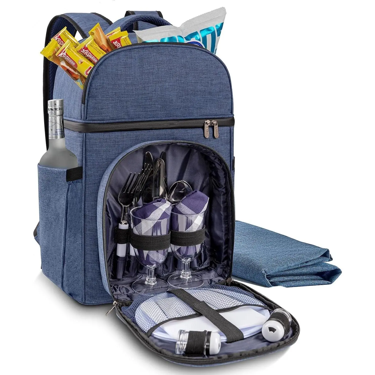 Insulated Picnic Backpack & Accessories – Insulated Picnic Set for 2 Person with Dual Compartments, Lightweight Blanket, Cutlery Set, Ideal Gifts for Newlyweds and Couples, Heather Blue