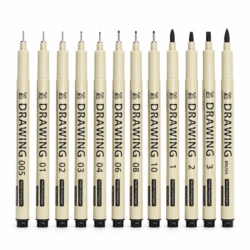 12Pcs Professional Drawing Pen Set Black Waterproof Ink Pen for Student Engineering Design Hand Drawing Comic Sketching High Precision Technical Pen