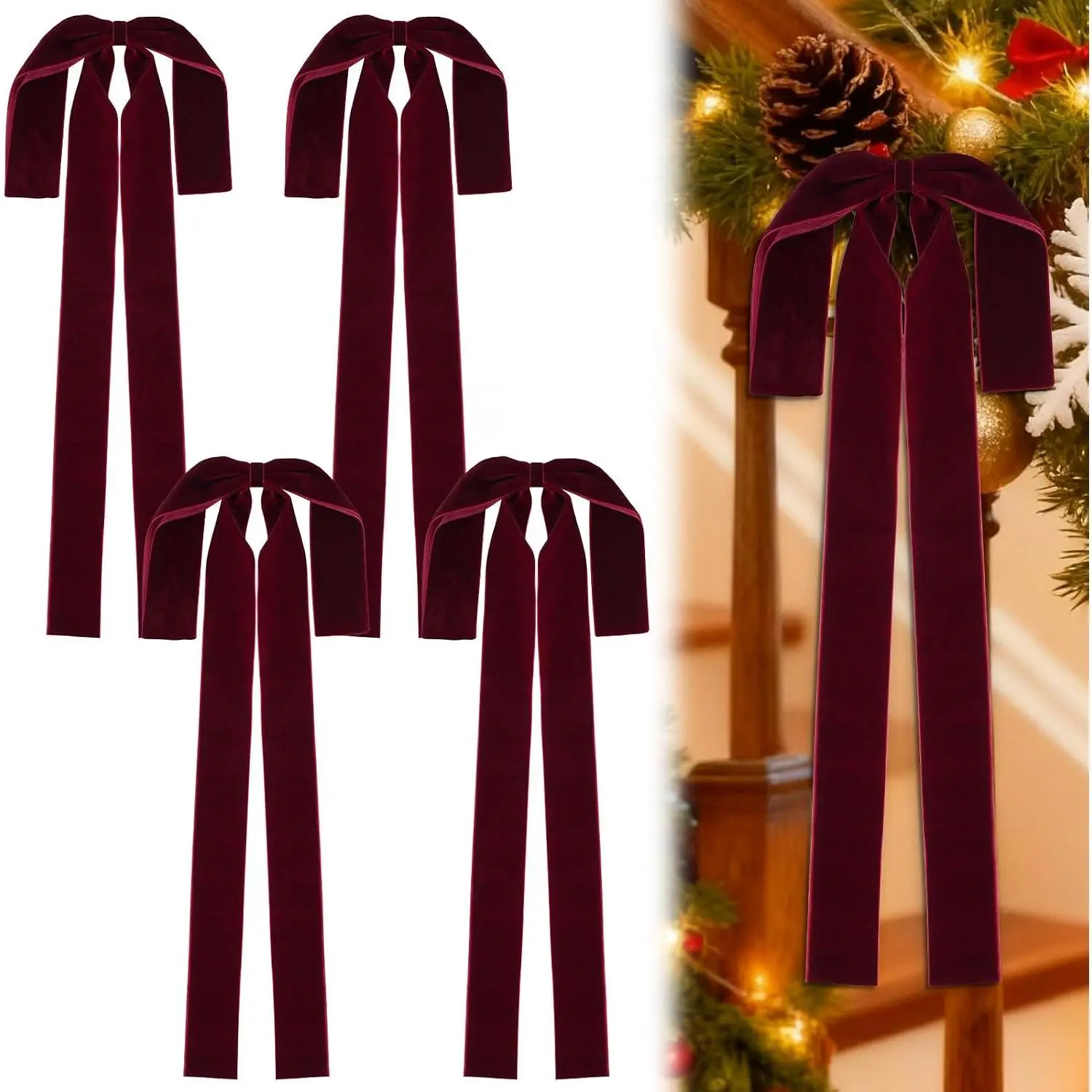 4 count Large Burgundy  Christmas Bows, 12"x17" Pre-Tied Burgundy  Bows for Christmas Tree, Mantel, Front Door, Stair Railing, Indoor Outdoor Holiday Decor