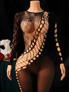 Black Irregular Big Hole Mesh Bodystocking for Women, Long Sleeve Hollow See Through Full Body Stockings, Elastic Slim Swim Cover Up, Romantic Nightwear Outfit for Honeymoon Anniversary Pool Party