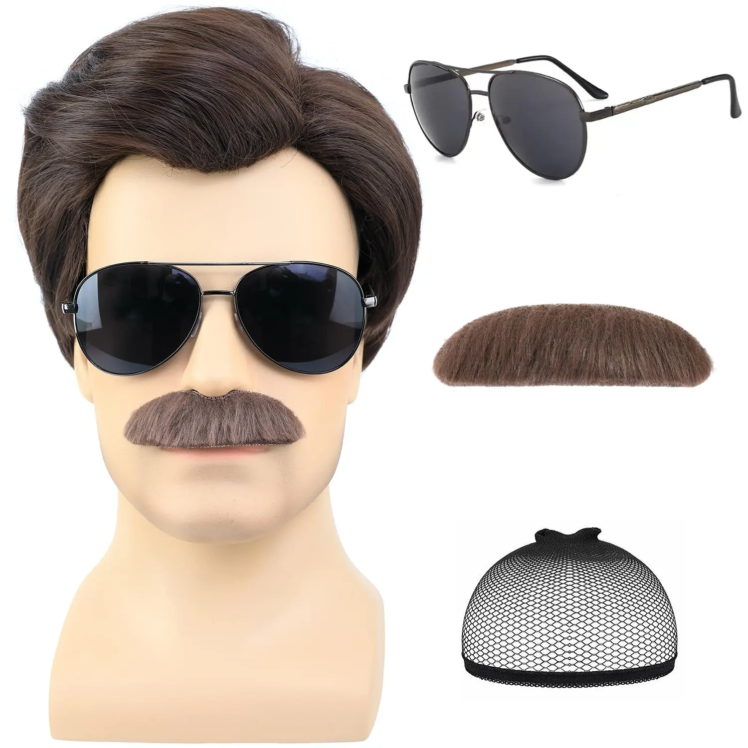 Short Brown Men's Wig with Mustache and Sunglasses for 70s 80s Costume Cosplay Halloween Party(Gift)