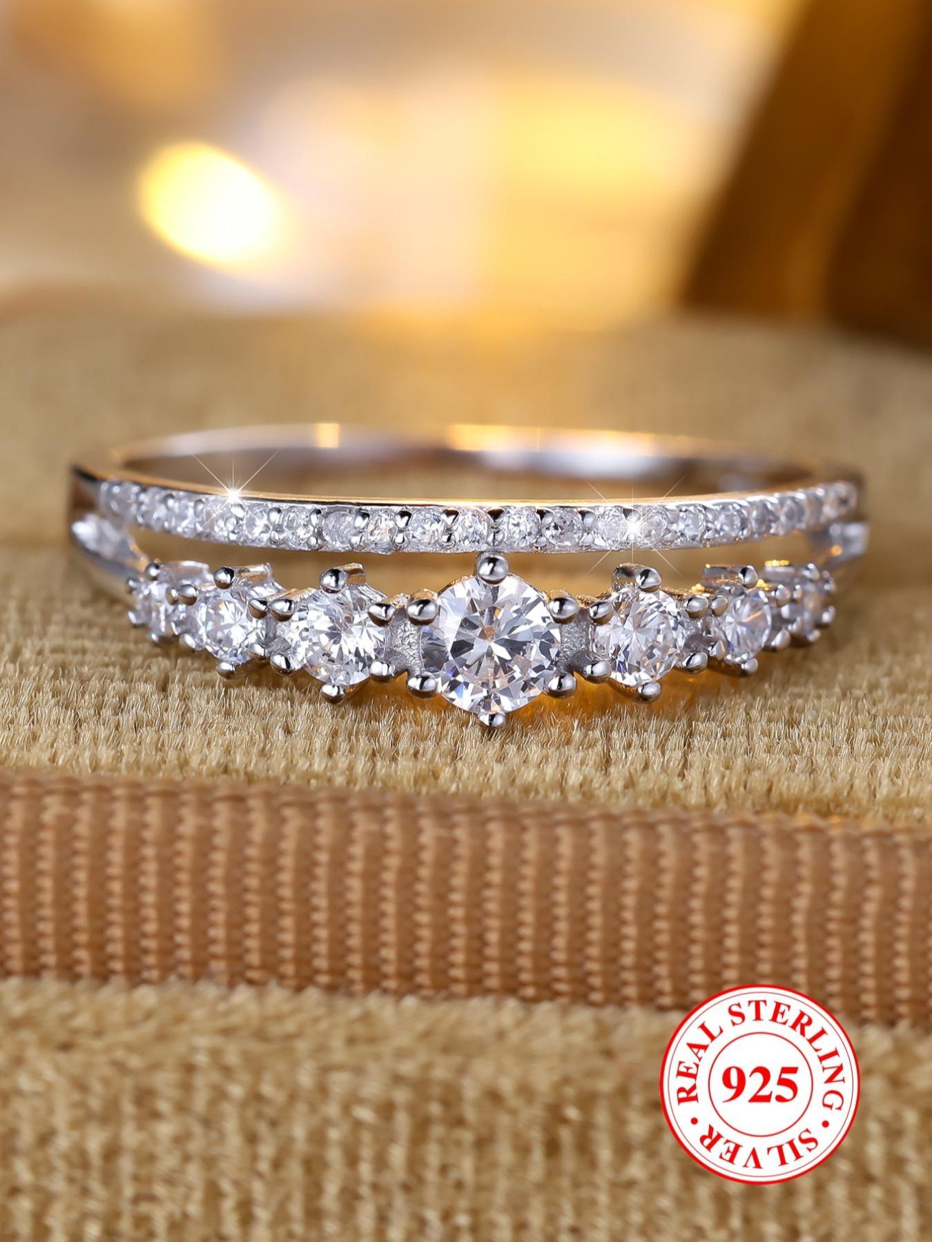 S925 Sterling Silver Elegant Double Row Ring, Fashion Promise Ring, Wedding Engagement Ring for Women & Girls, Trendy All-match & Exquisite Jewelry for Birthday Gift, with Box