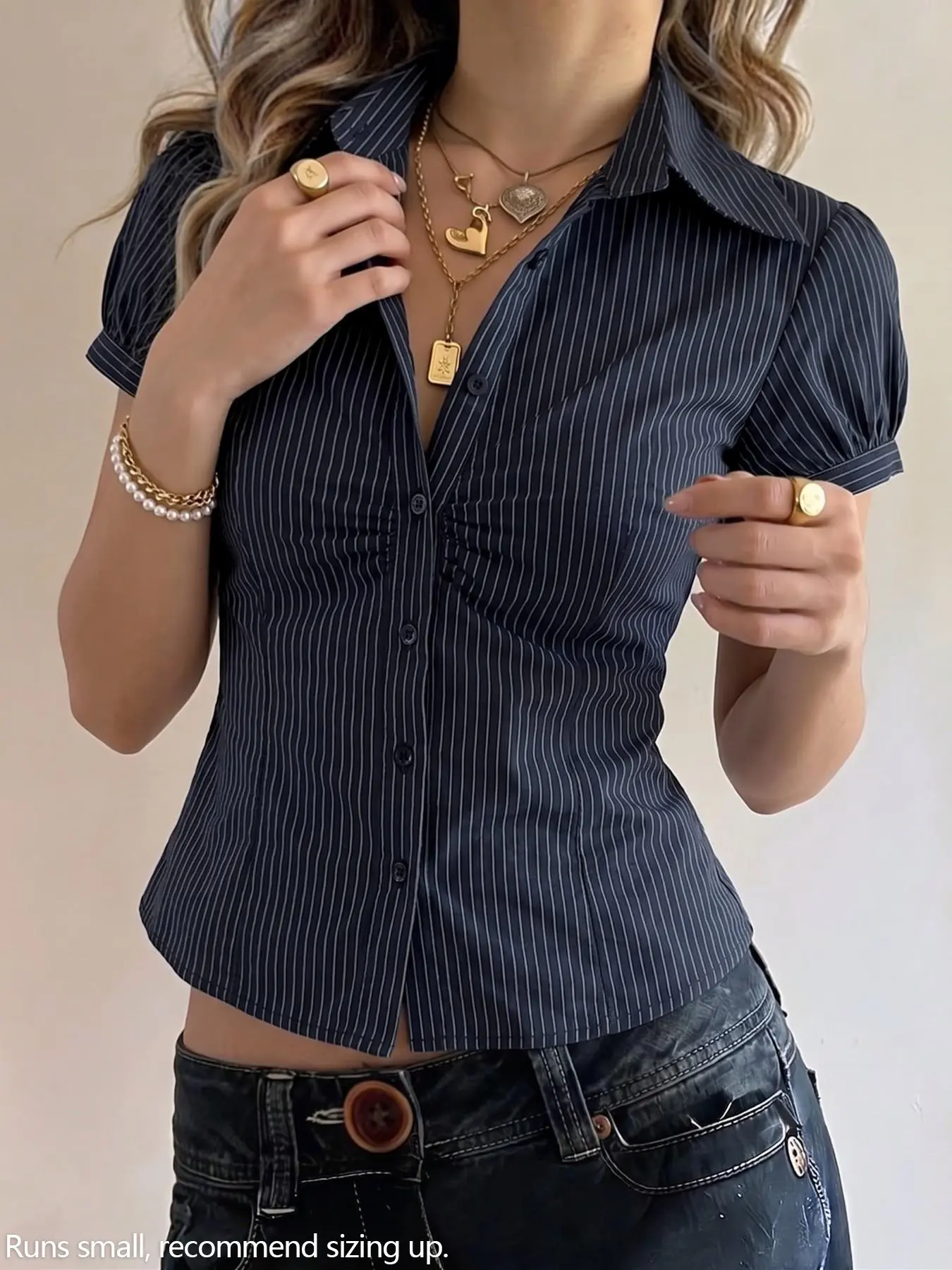 Versatile Striped Fitted Shirt - Casual Outfit, Wrinkle Resistant for Hangout & Date, Casual Chic Women's Navy Vertical Striped Lapel Bubble Short Sleeve Blouse, Y2K Millennial Style, American Retro College Look, All Season Top, Daily Wear