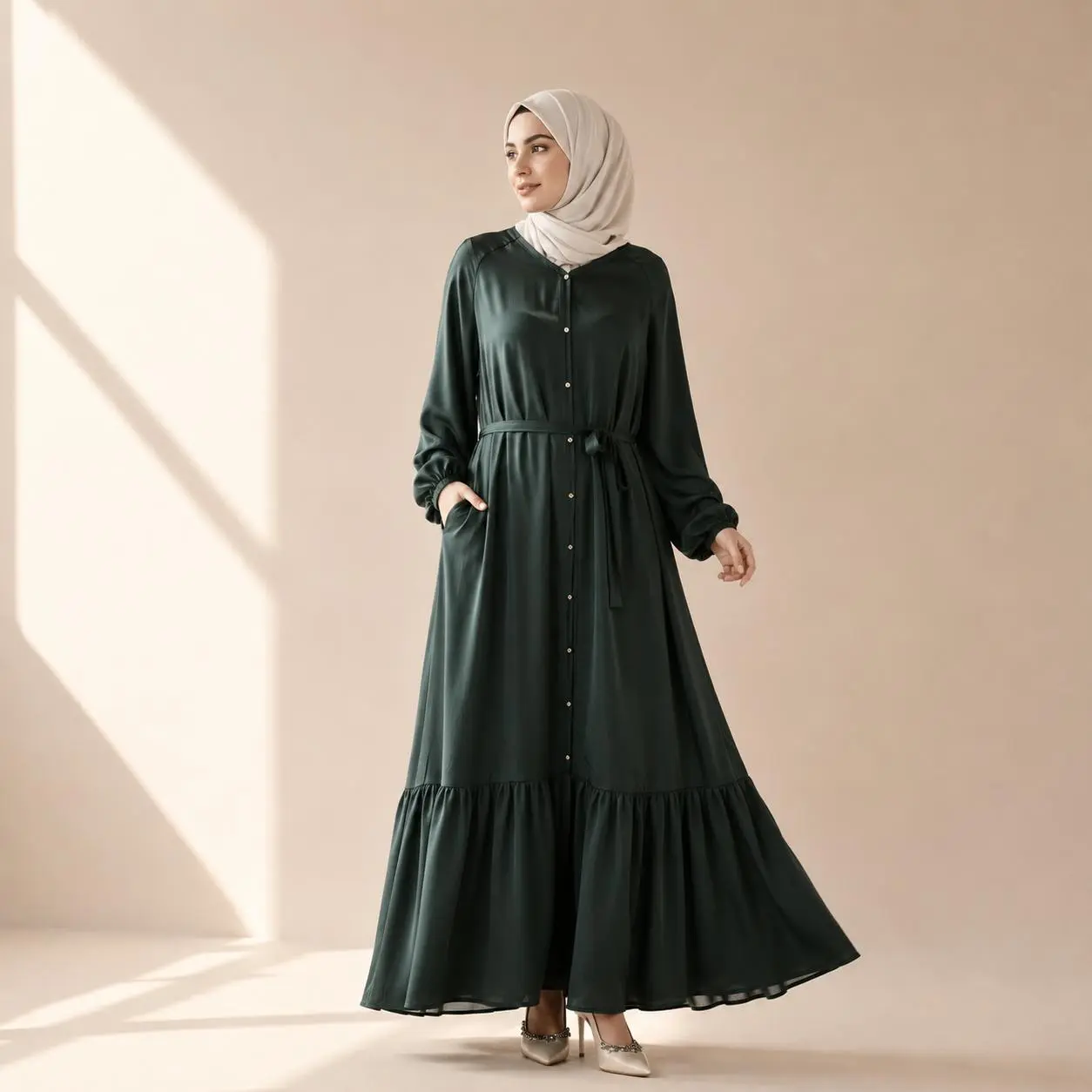 Belted Maxi Abaya with Pockets V-Neck Wudu Friendly Modest Dress (MA426)