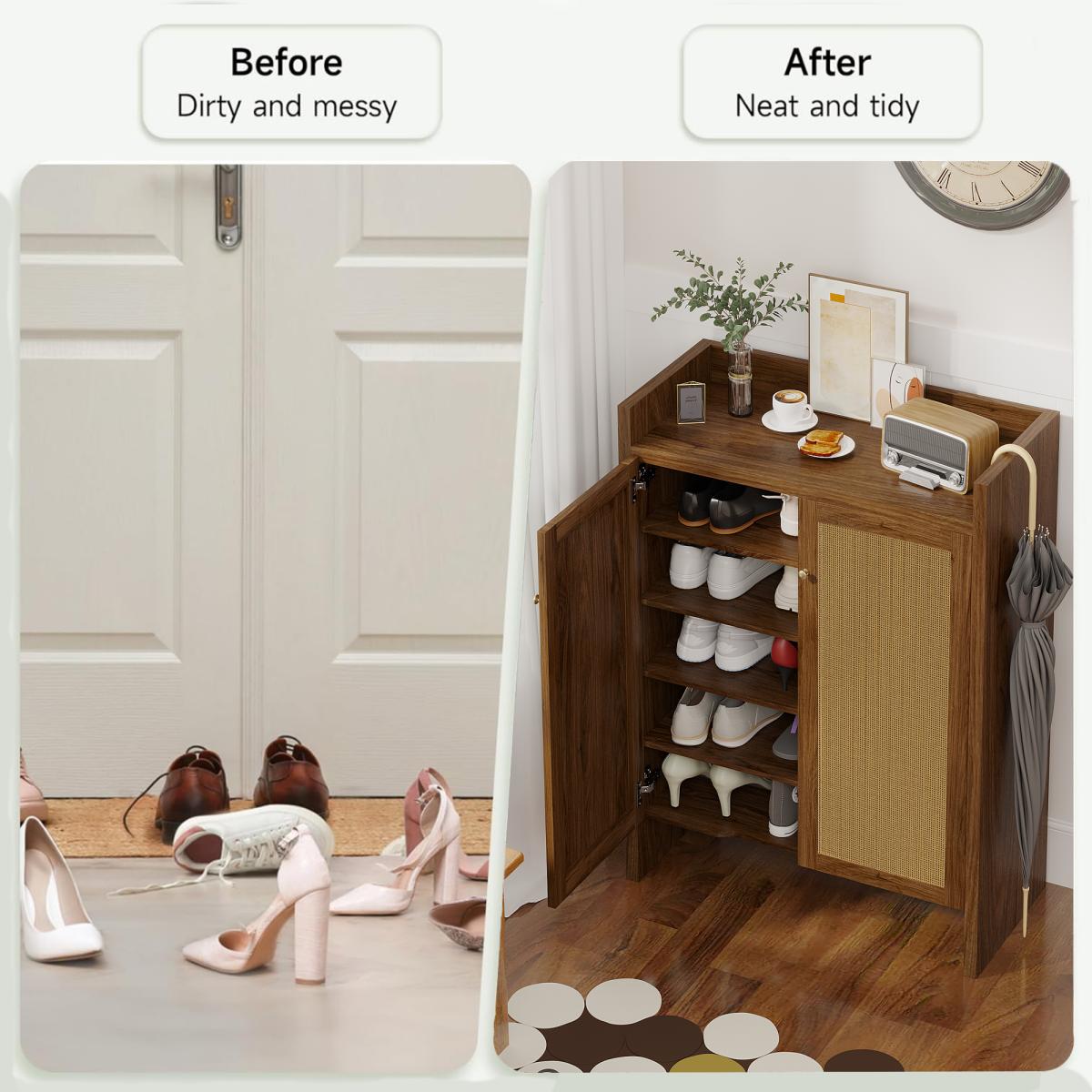 42.5" Tall Rattan Shoe Cabinet with Doors, 6-Tier Shoe Storage Cabinet with Adjustable Shelves, Wooden Freestanding Shoe Organizer Shoe Cabinet for Entryway,Hallway,Living Room (Walnut)