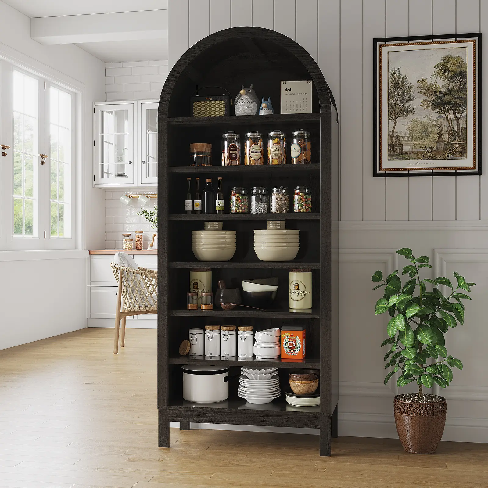 Arched Display Cabinet, 7-Tier Adjustable Shelf Bookcase, Kitchen Pantry, Entryway Shoe Cabinet,Storage Organizer