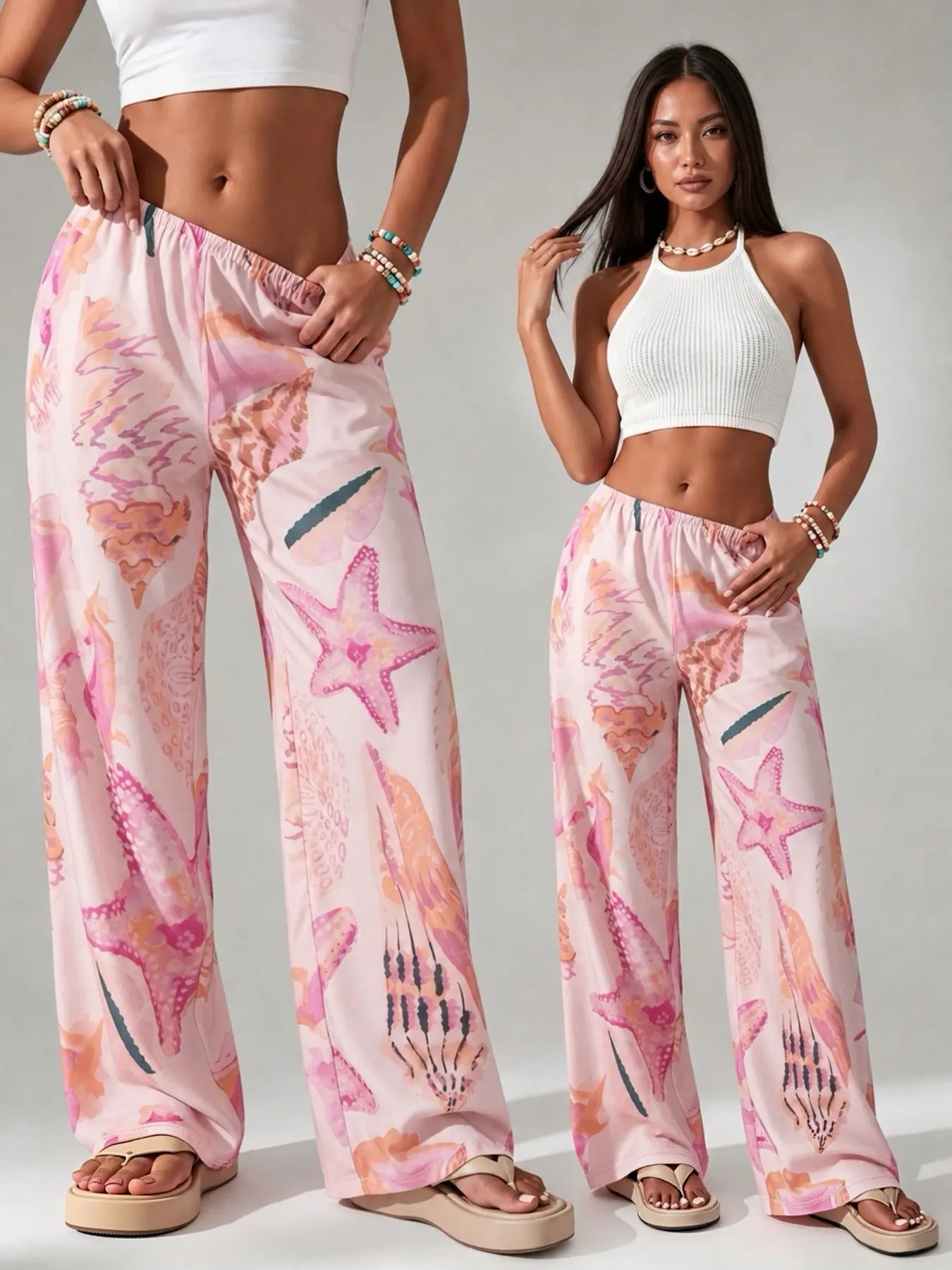Wear Whatever Women’s Pastel Seashell Print Wide Leg Pants, Elastic Waist Flowy Beach Vacation Pants for Summer Resort, Travel, Lounge and Coastal Casual Outfits