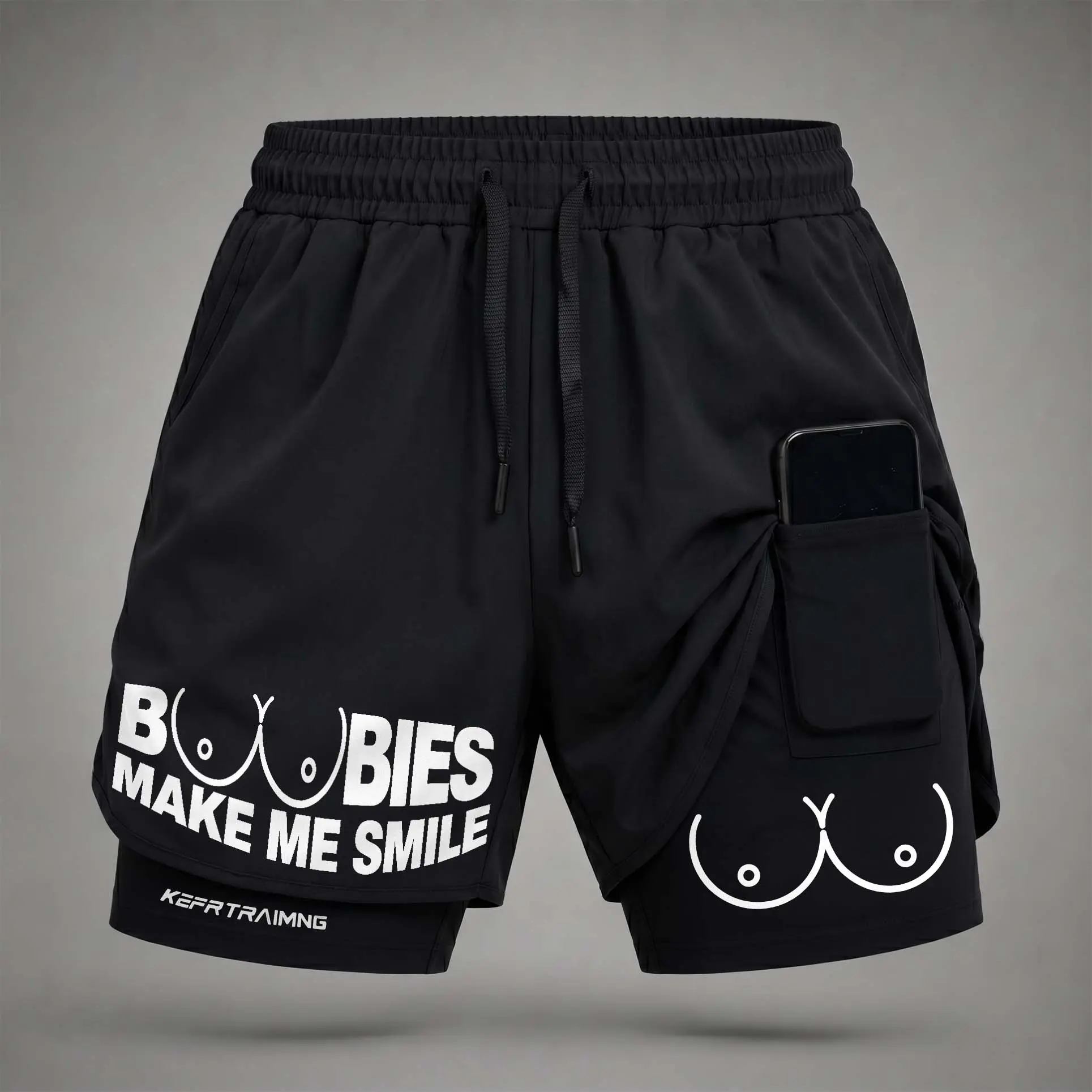 Men’s" Boobies Make Me Smile” Graphic Print 2-in-1 Athletic Shorts, Built-in Compression Liner, Secure Inner Phone Pocket, Elastic Drawstring Waist, Quick-Dry Gym Running Training Shorts for Summer Daily Wear