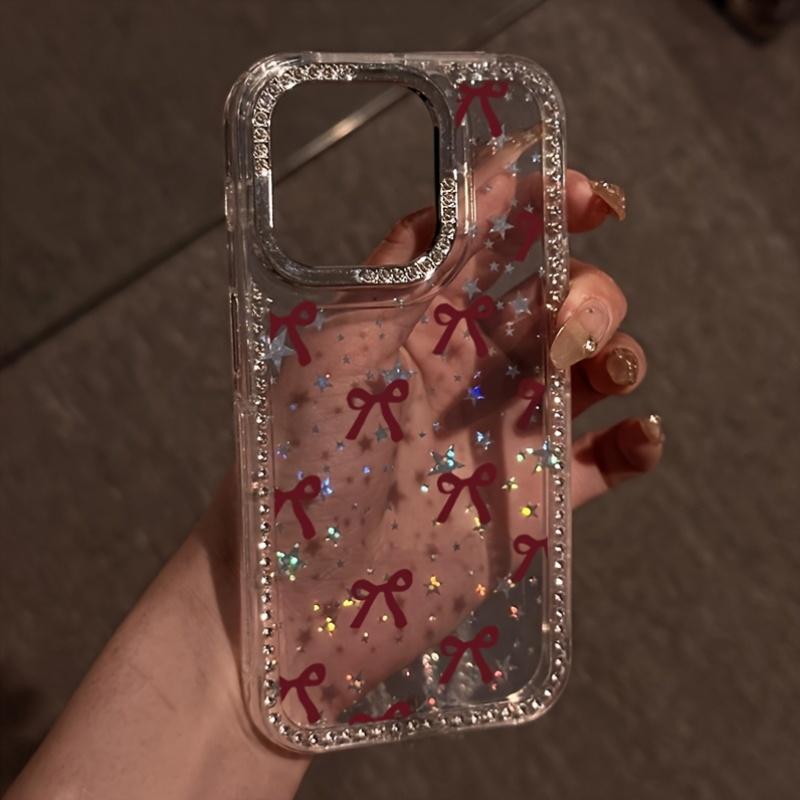 Wine-red bow pattern, transparent rhinestone frame with star design, shockproof, sparkling protective case, compatible with iPhone 17, 16, 15, 14, 13, 12 and other models. Makes a great gift for friends or family.