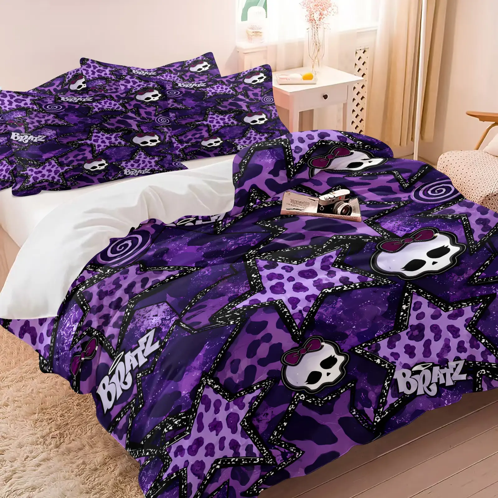 Purple Leopard Star Bow Skull Graphic Duvet Cover Set (1 Duvet Cover + 1‑2 Pillowcases), Soft Skin‑Friendly Breathable Bed Linen, Sweet Cool Y2K Millennial Girl Style HD Vivid Printed Bedding Set, Trendy Aesthetic Bedroom Home Decor, Comfy Bed Sets