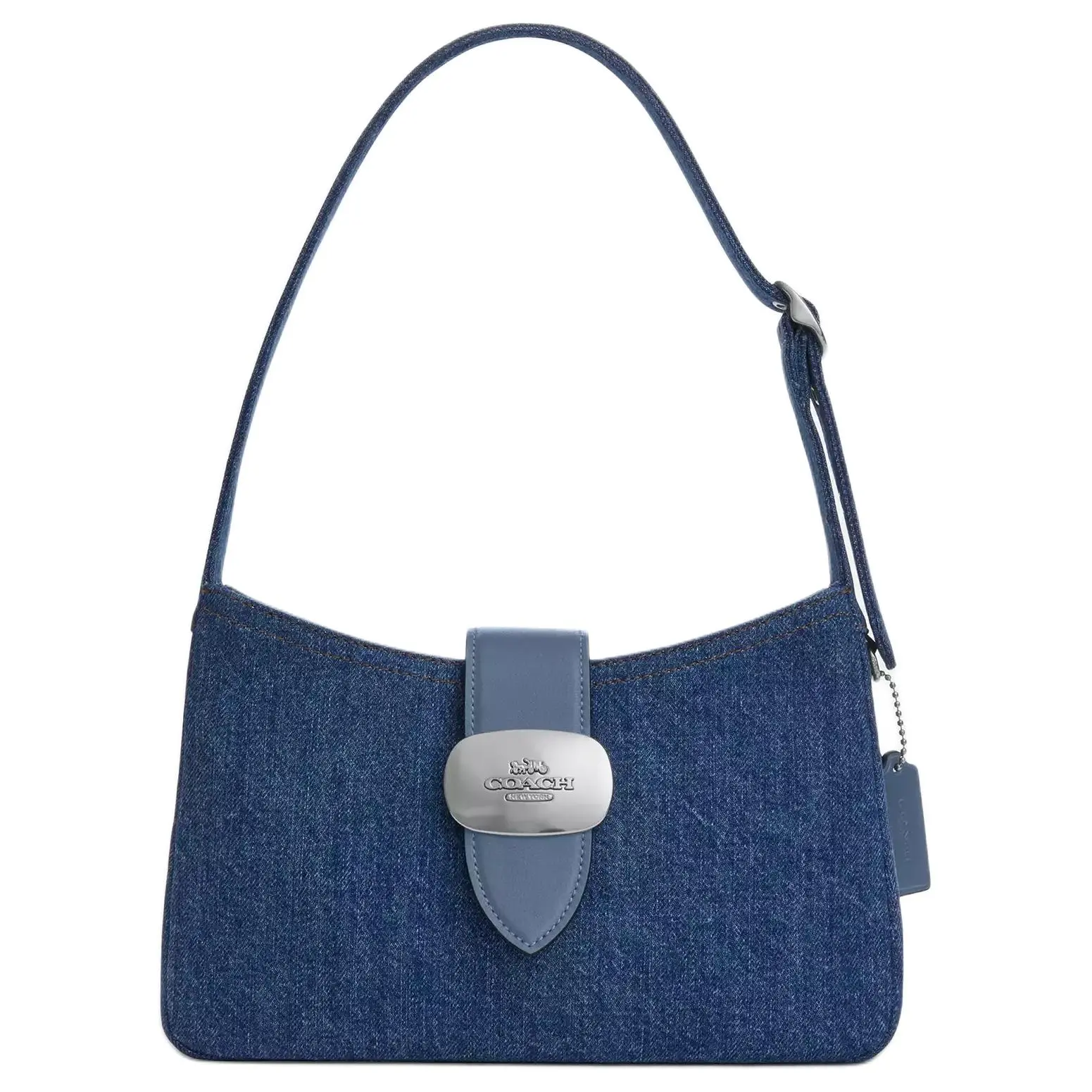 COACH Eliza Signature 24 Handbag for Women – Denim and Smooth Leather Crossbody in Blue, Silver, and Indigo