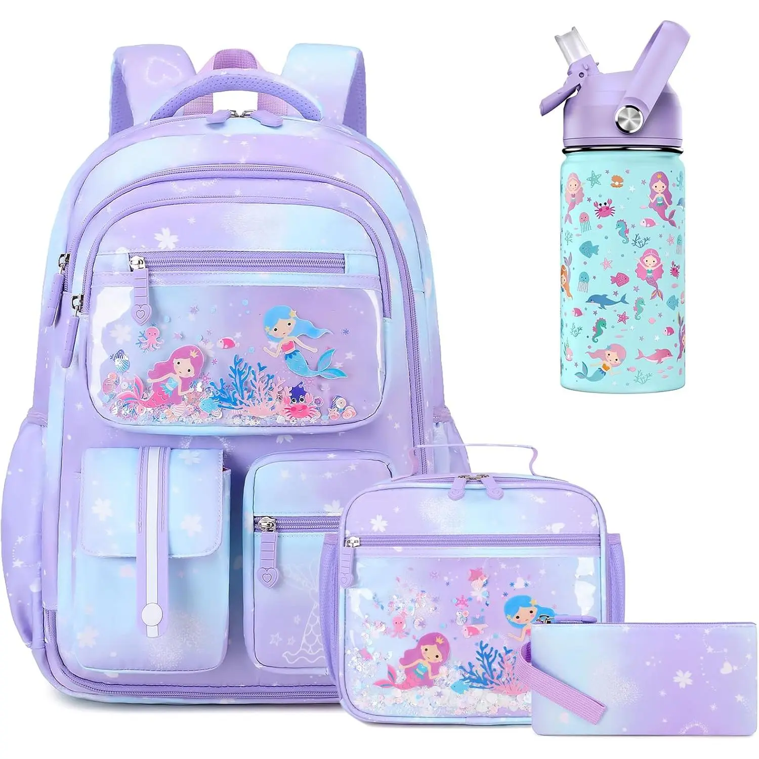 School Backpack for Girls, Mermaids Bookbag Backpack with 14OZ Water Bottle, Lunch Bag Set for GirlsTeens Middle Student, Girls Backpacks for School ()