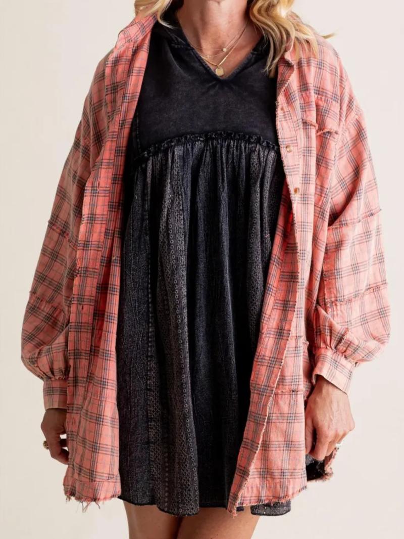 Women's Autumn and Winter New Frayed Lantern Sleeve Loose Button Plaid Shirt Top Womenswear