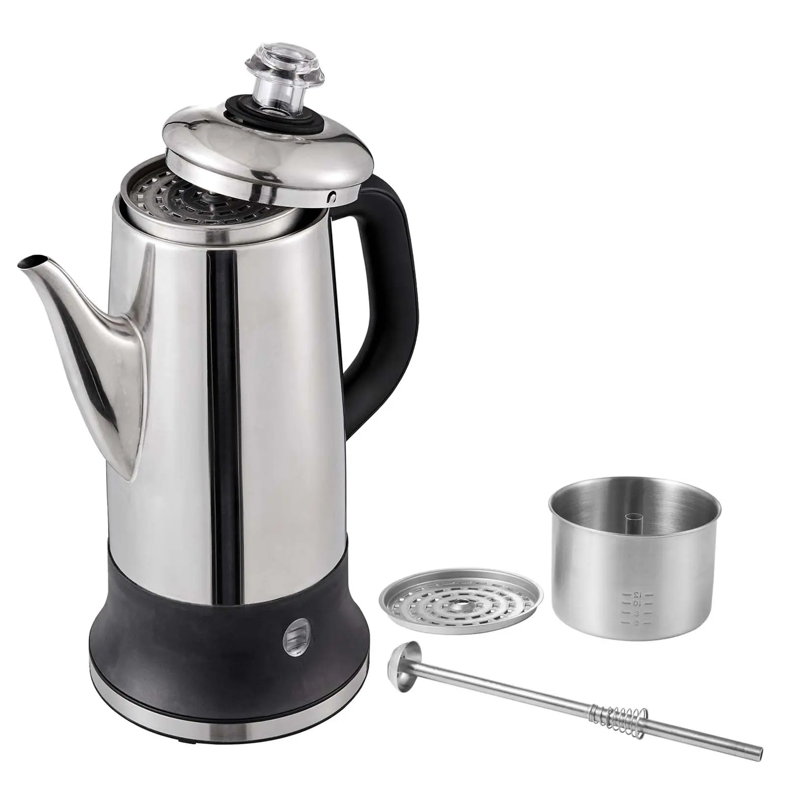 12-Cup Electric Percolator Coffee Pot, 1000W Total Power, 50W Keep-warm Power, Broadly Applicable