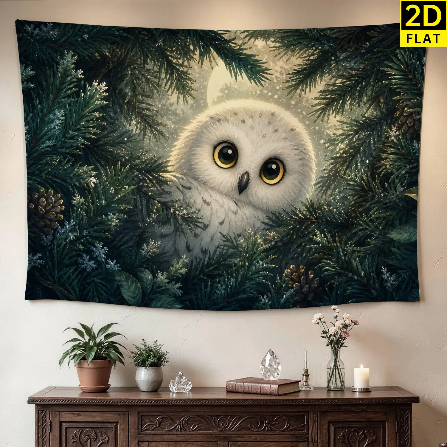 Vivid Synthetic Snowy Owl Pine Forest Wall Tapestry - 40*30 inches (101.6x76.2cm)/60x40 inch Large Horizontal Printed Blanket, Polyester Fabric Hanging for Living Room, No Installation Needed, Gift for Family