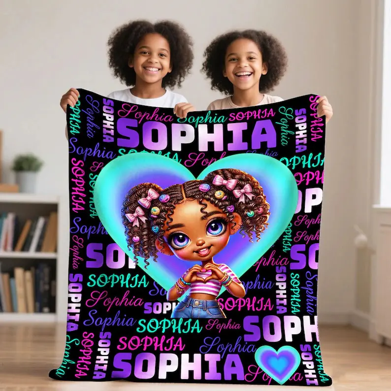 Personalized African Girl Polyester Flannel Blanket - Custom Monogrammed Name, All Seasons, Machine Washable, Sofa Cover, Princess Soft Throw for Girls, Back to School & Birthday Gifts, Home Bedroom Decor