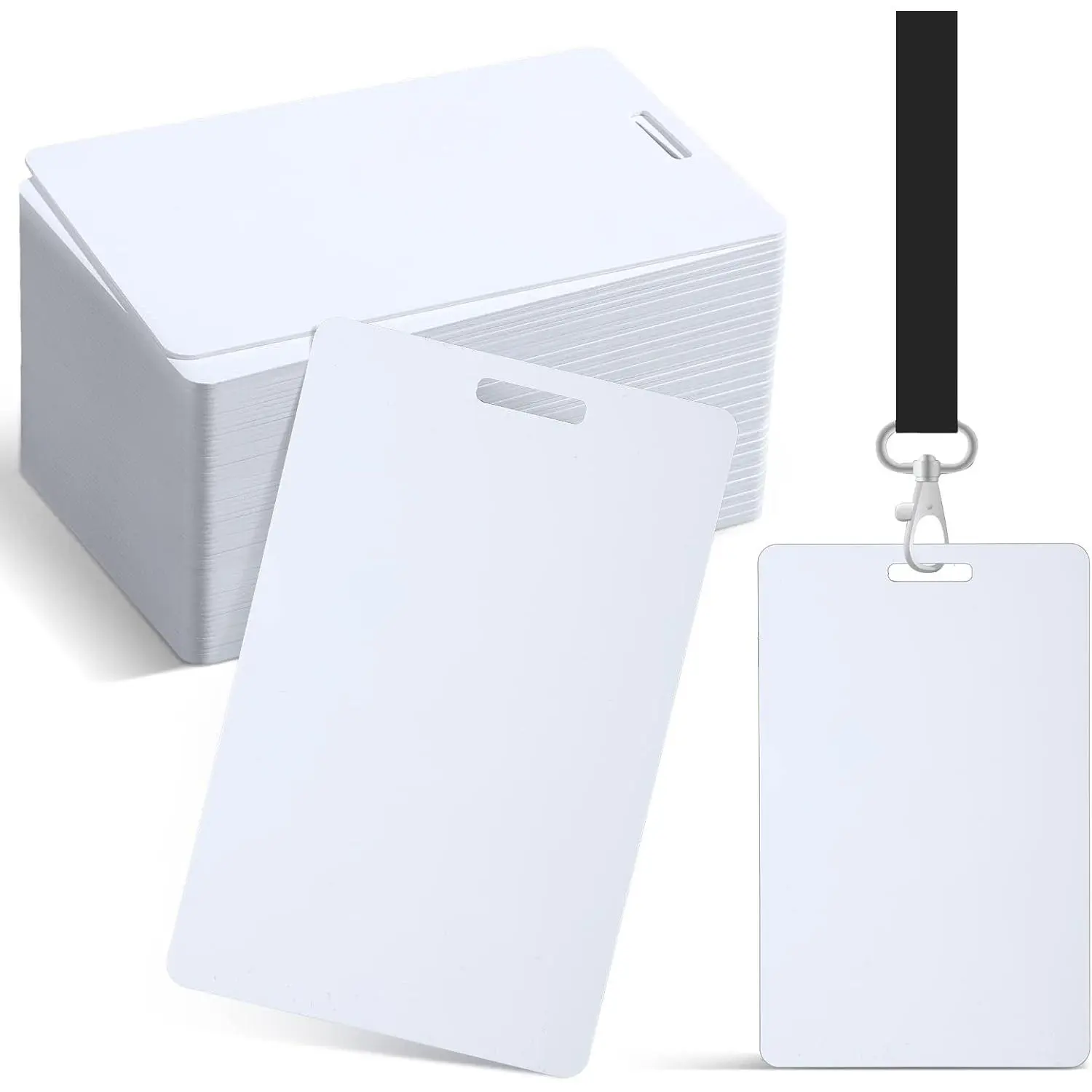 100 count Blank PVC Cards with Slot Punch Cr80 30mil Vertical Slot Punch Card Graphic Quality White Plastic ID PVC Card for Small Business Office Photo ID Badge Printers