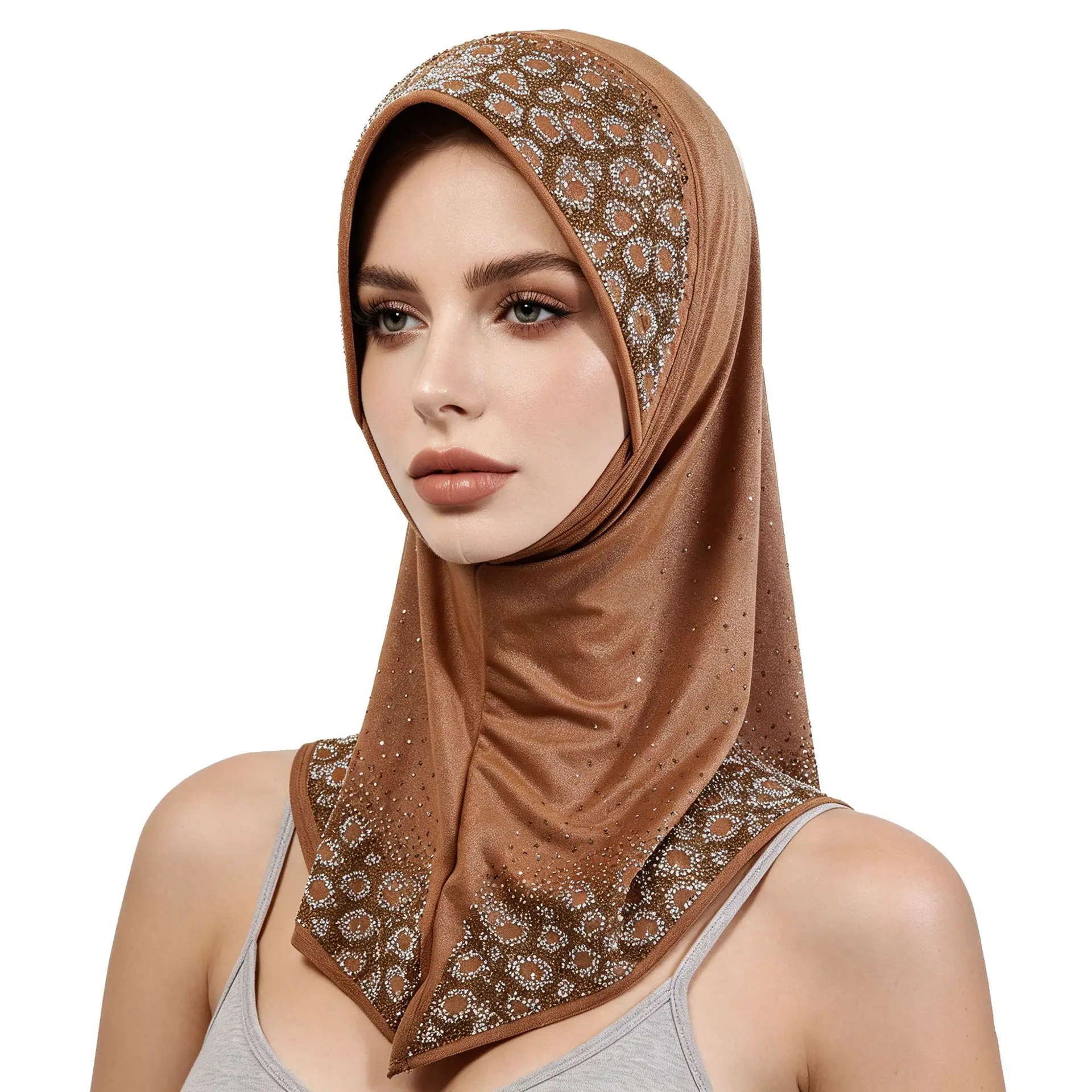 Viral Instant Hijab Rhinestone Geometric Pattern Full Cover Neck Scarf Breathable Stretch Jersey Pull On Khimar Cap Modest Fashion Party Prayer Headwear