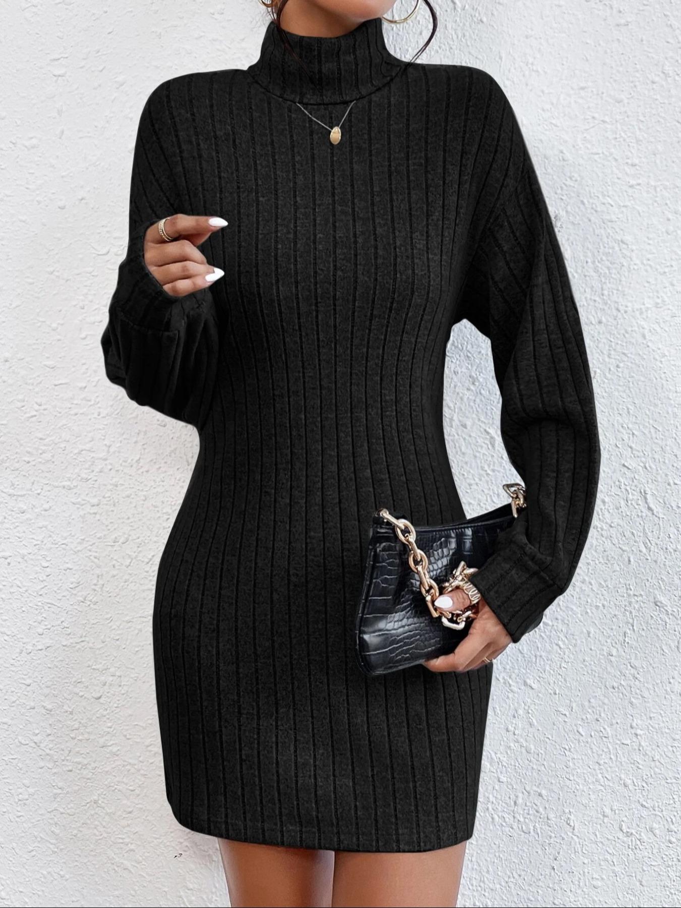 Fall Women's Plain Ribbed Sweater Dress without Necklace, Casual Turtle Neck Drop Shoulder Long Sleeve Knitwear Dress for Fall & Winter, Fall Dresses, Women's Knit Clothes for Daily Outdoor Wear