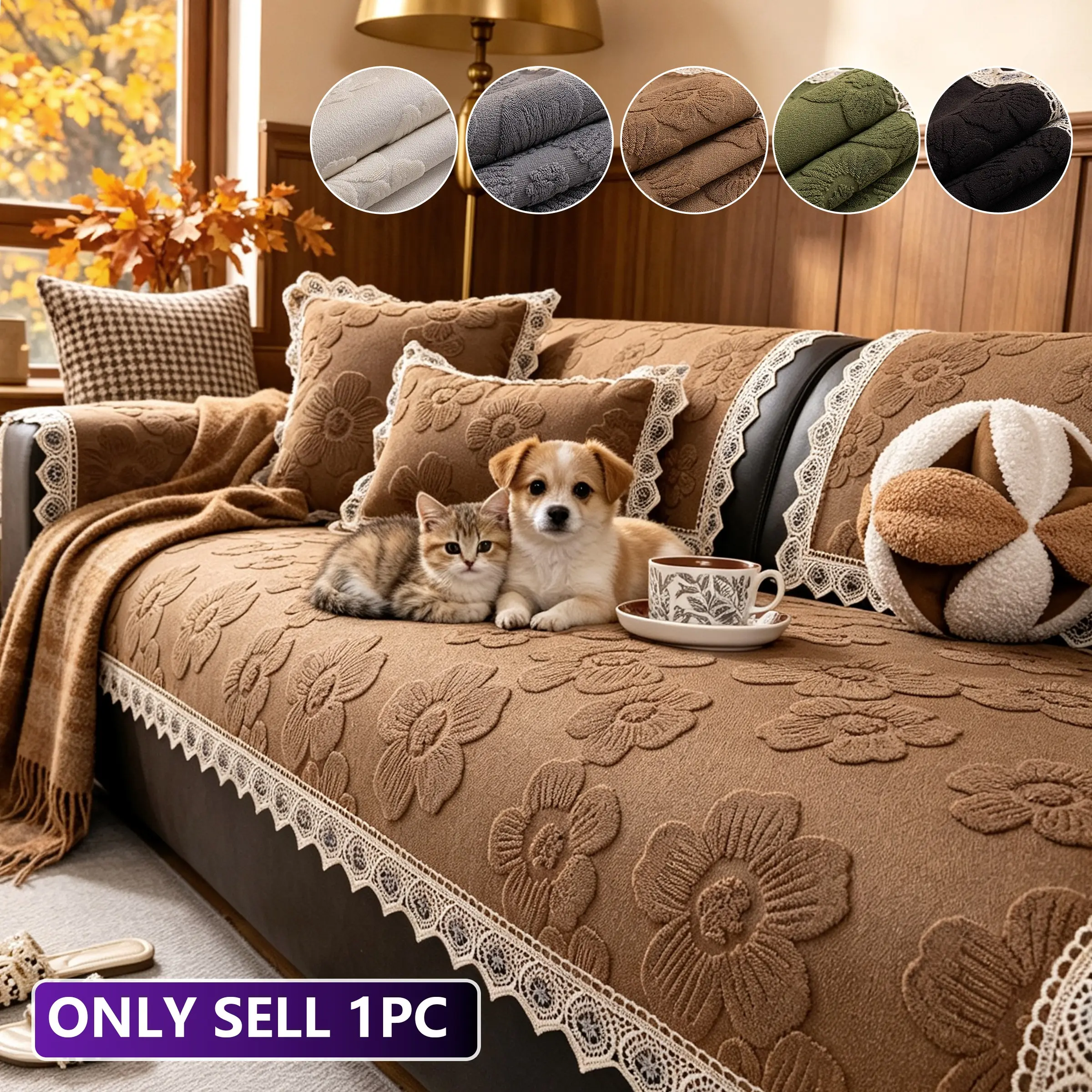 1pc Plain Simple Floral Jacquard Sofa Cushion, Lace Geometric Design, Dust-Proof, Scratch-Resistant, Non-Slip, Multiple Colors and Sizes