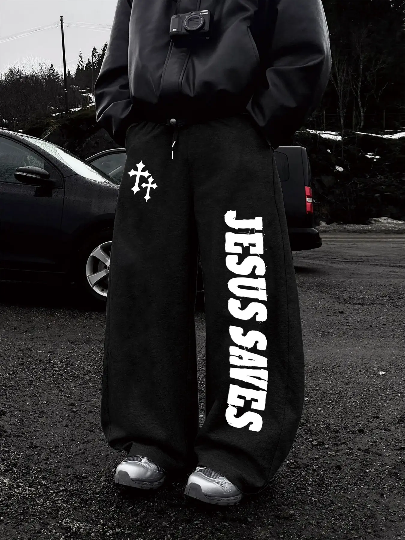 Men's Casual Sporty Long Pants, Jesus Cross Print Drawstring Wide Leg, Loose Fit All Seasons Fashion, Men's Clothing, Everyday Bottoms