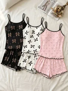 Women's 3 Pack Cami Top and Shorts Pajama Set, Spring Summer Wear, Dayjama Style Bow Print Set, Loose Fit, Casual Loungewear for Home & Quick Errands