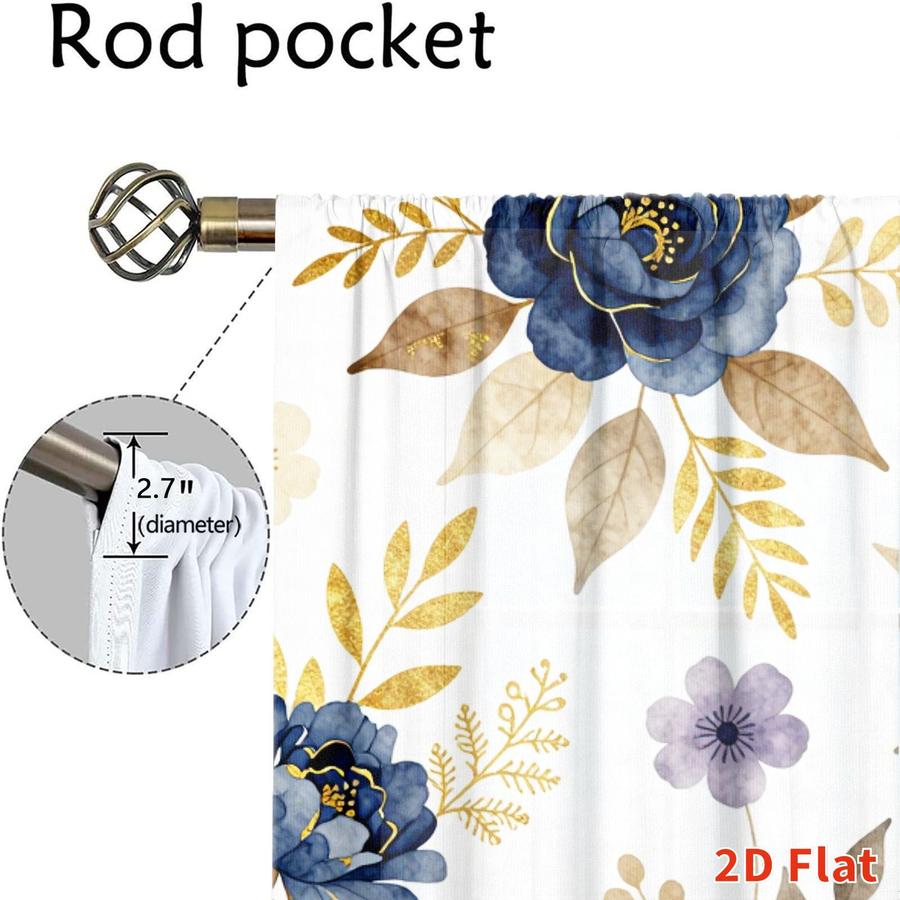 2 Pcs Elegant Floral Pattern Blue Peony Golden Leaves Sun Blocking Curtains Digital Printed Rod Pocket for Bedroom Office Kitchen Living Room Study Home Decor