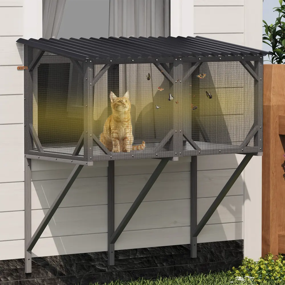 43.3" Contemporary Cat Window Box - All-Weather Outdoor Catio Enclosure with Bug-Proof Net, Sunbath View Window Perch for Large Indoor Cats