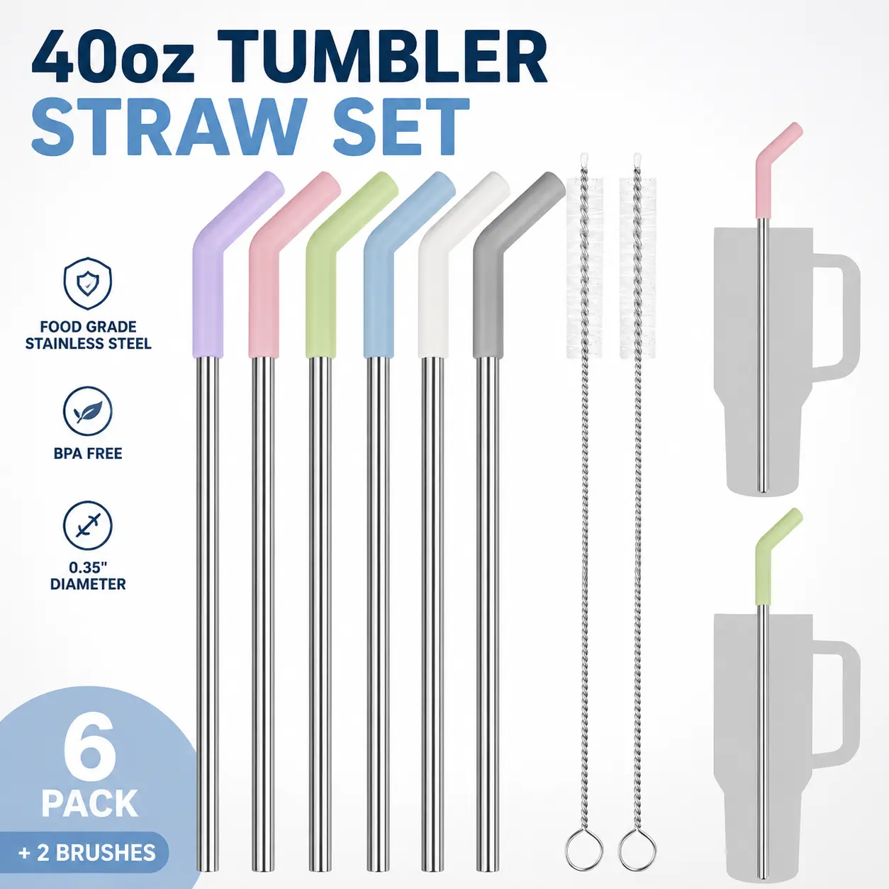 40oz Straws, 13 Inch Stainless Steel Straw with Silicone Extender Tip   Stanley Adventure Quencher Tumbler 6-Pack with 2 Brushes, 0.35" Diameter Straws Food Grade BPA-Free Colorful Set