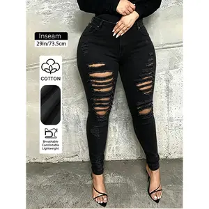 Women's High Waisted Distressed Skinny Jeans, Stretchy Ripped Denim Bodycon, Basic Comfy Bottoms, Summer Womenswear Jean