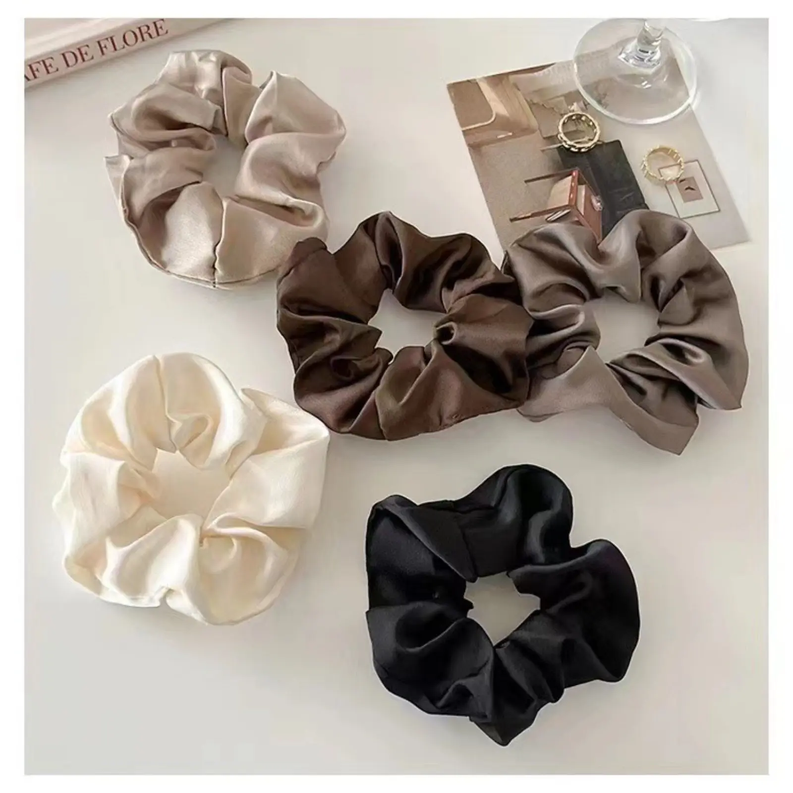 Women Satin Scrunchie, Popular Silk Glossy Hair Tie, Minimalist Solid Color Large Scrunchy, Black Smooth Fabric Ponytail Holder, Anti-breakage Elastic Soft Hair Accessory, For Office Dating Daily Elegant Hairstyling