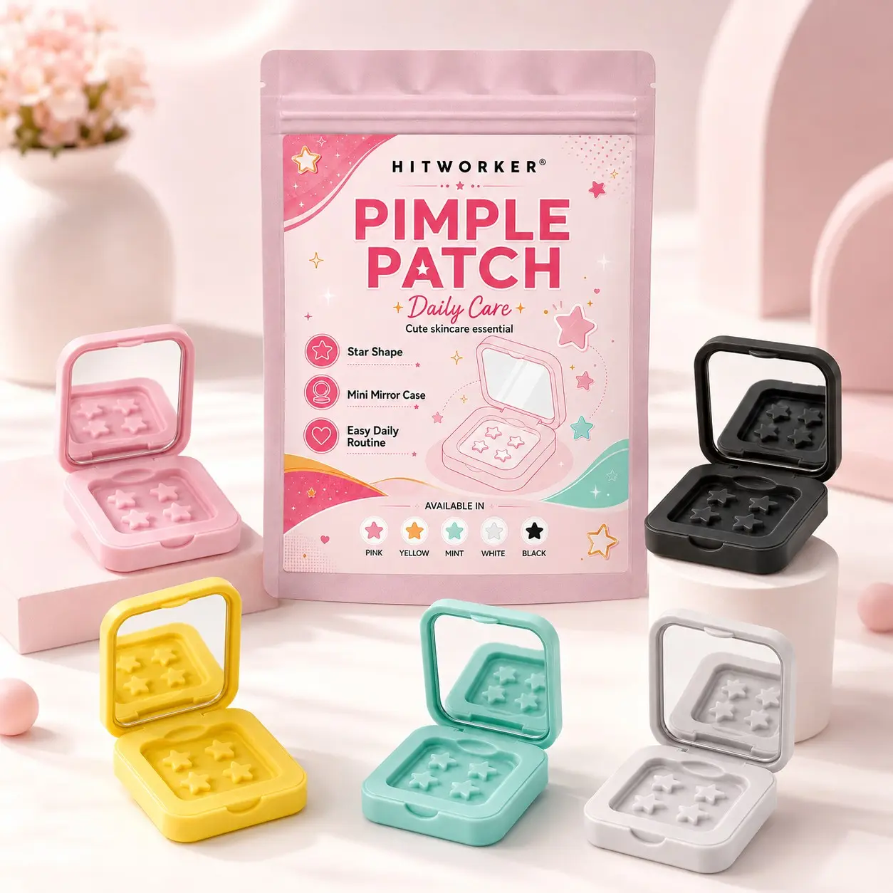 60 Pcs Star-Shaped Pimple Patches with Mini Mirror Case, Cute Face Patches for Daily Skincare, Portable Compact Case, 5 Color Options