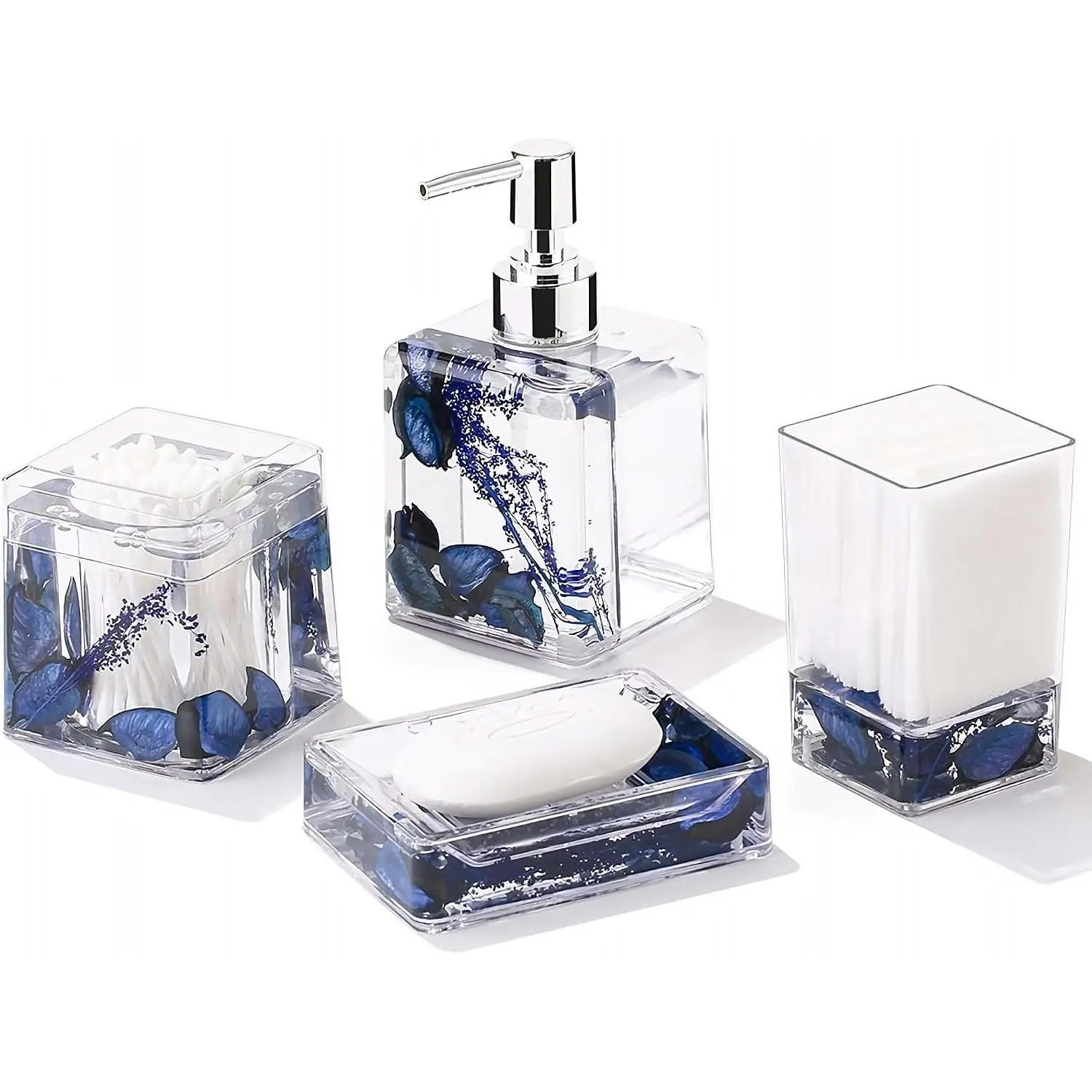 Blue Clear Bathroom Accessories Set,4PCS Flower  Bathroom Accessory Sets Complete, Lotion Soap Dispenser, Tumbler, Qtip Holder, Soap Dish, Modern Bathroom Décor Set,  for