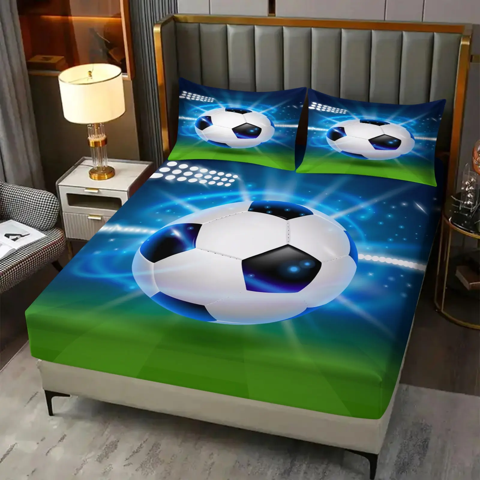 3D Soccer Fitted Sheet Set Queen Size 3 pcs, Football Pattern Games Bed Sheets Set for Boys Girls Teens Sports Theme Bedding Set Room Decor, Decorative Bedding Set, 1 Fitted Sheet + 2 Pillowcases