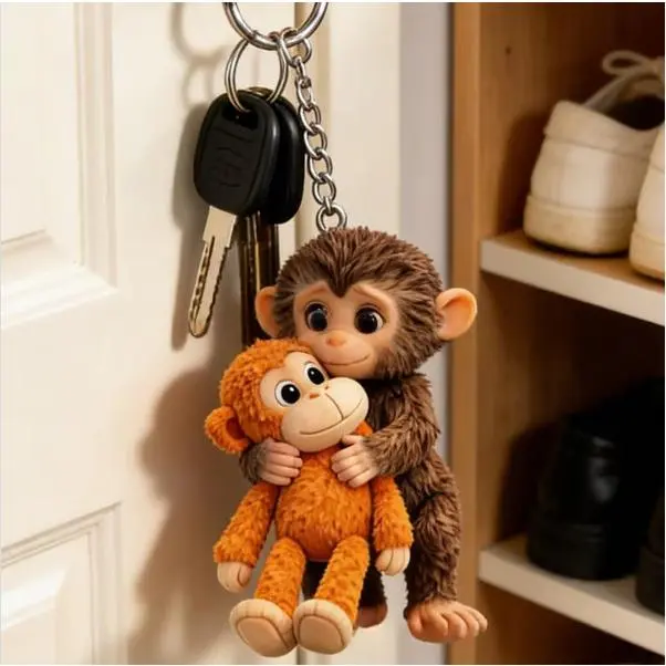 Cute Monkey Keychain – Hugging Monkey Charm – Fun Car Key Ring – Decorative Bag Charm – Backpack Accessory – Gift for Animal Lovers