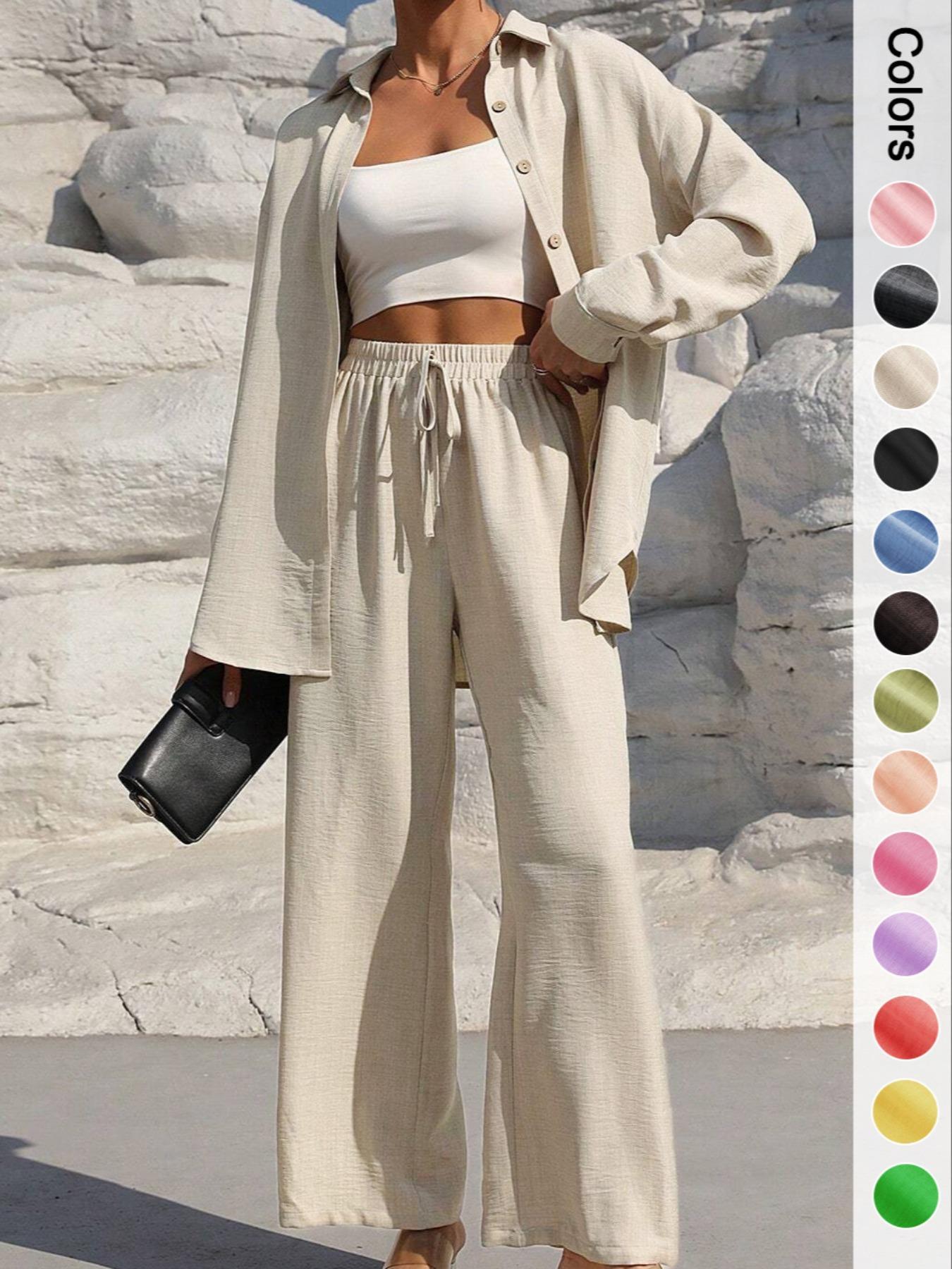 Women's Solid Button Front Shirt & Tie Front Wide Leg Pants Two-piece Set, Casual Drop Shoulder Long Sleeve Top & Trousers 2 Piece Set for Spring & Fall, Women's Clothes for Daily Wear, Casual Outfits Women
