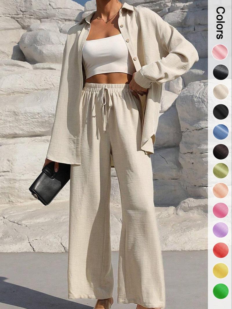 Women's Solid Button Front Shirt & Tie Front Wide Leg Pants Two-piece Set, Casual Drop Shoulder Long Sleeve Top & Trousers 2 Piece Set for Spring & Fall, Women's Clothes for Daily Wear, Casual Outfits Women