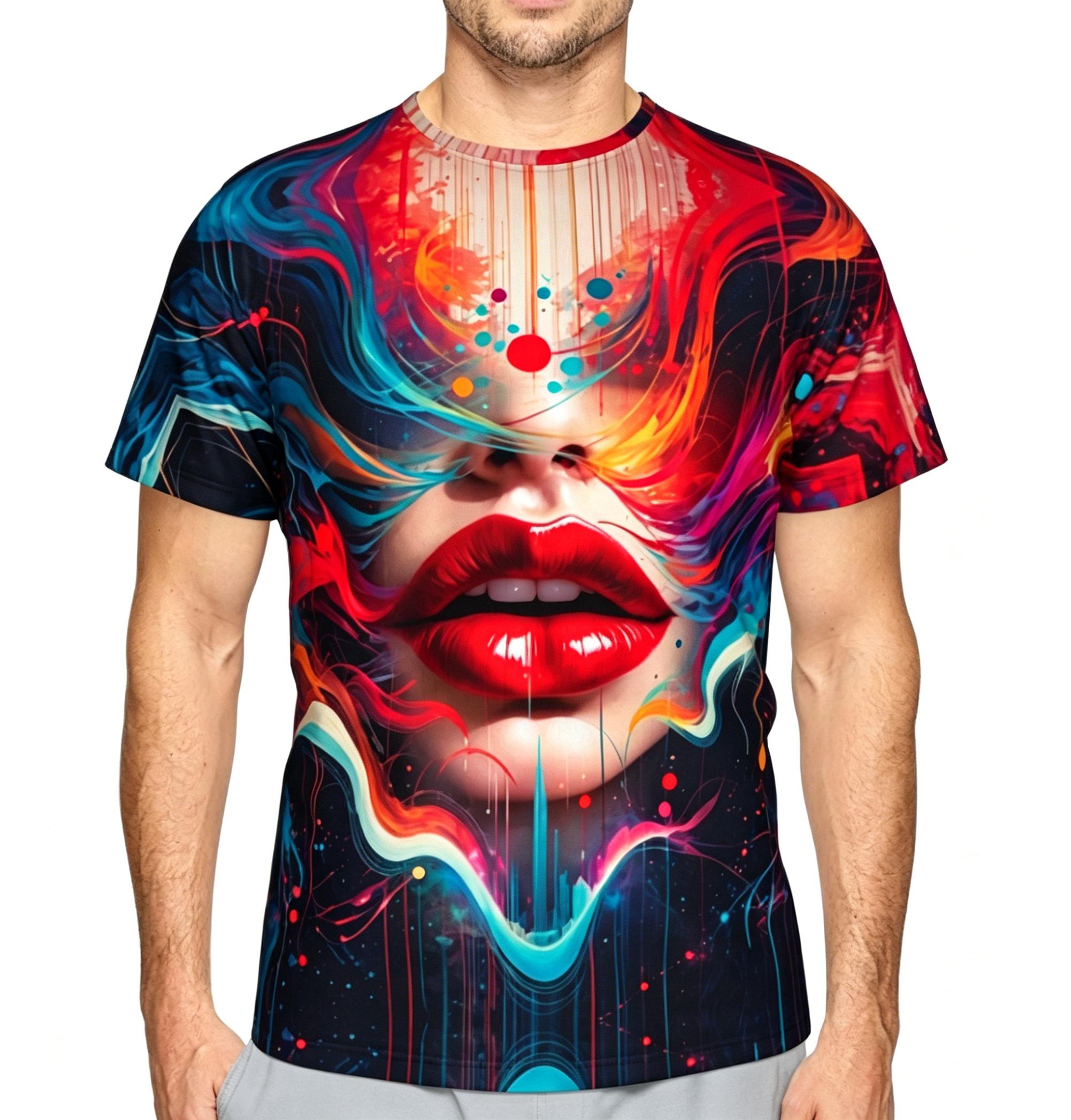 Abstract Art of Colorful Flame Lips Summer Full-Print Short-Sleeve 3D Printed T-Shirt Unisex Outdoor Comfortable Top Party Clothes Couple Pattern Gift for Friends