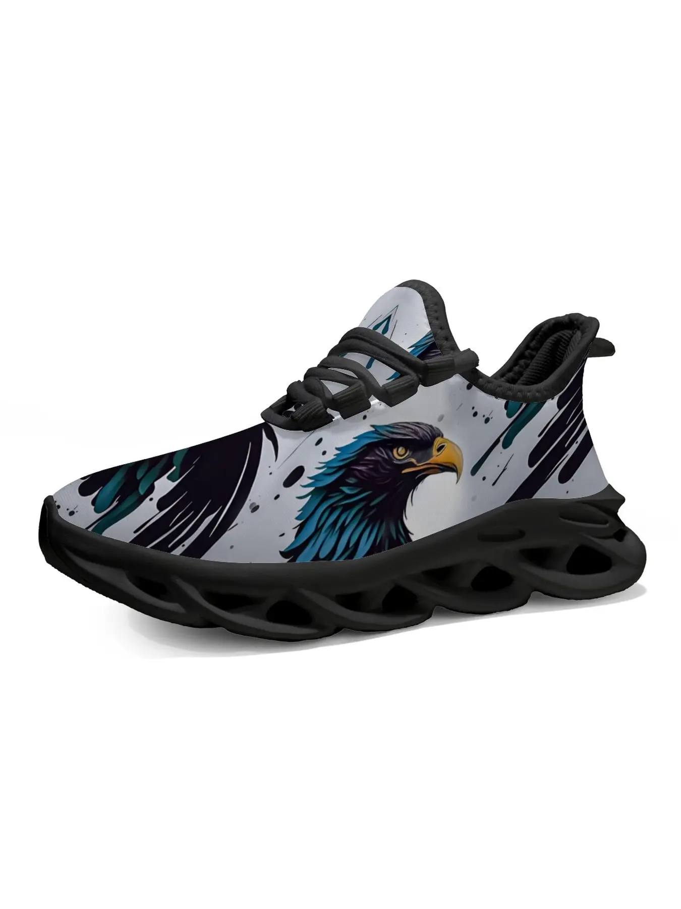 Cool Blue Eagle Head Print Fashion Sneakers, Artistic Falcon Bird Painting Design Lightweight Breathable Running Shoes, White Thick Sole Casual Athletic Shoes Streetwear