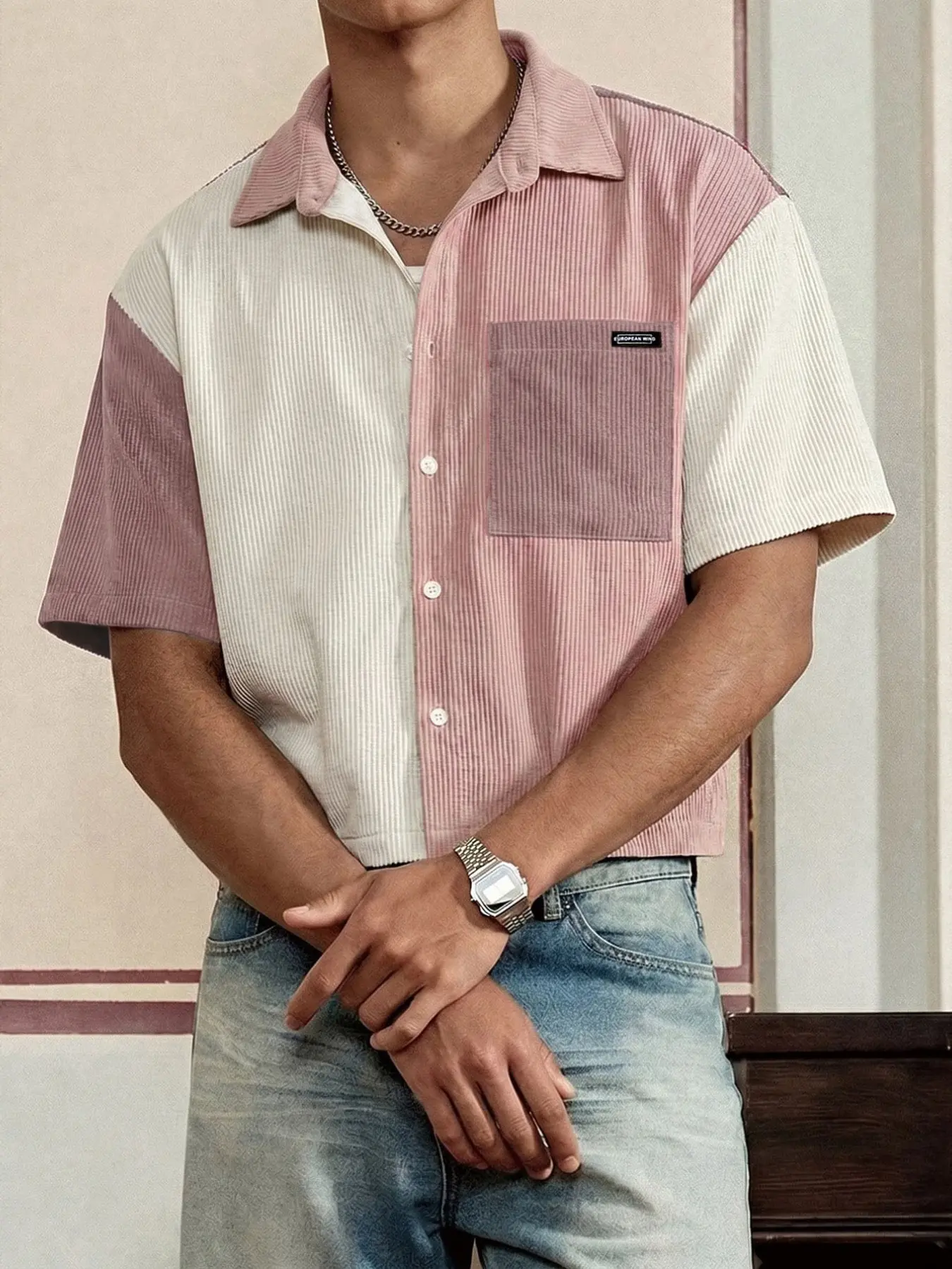 Men's pink and white color-block short-sleeve shirt, collared shirt with contrasting details, Y2K retro top, autumn outfit.