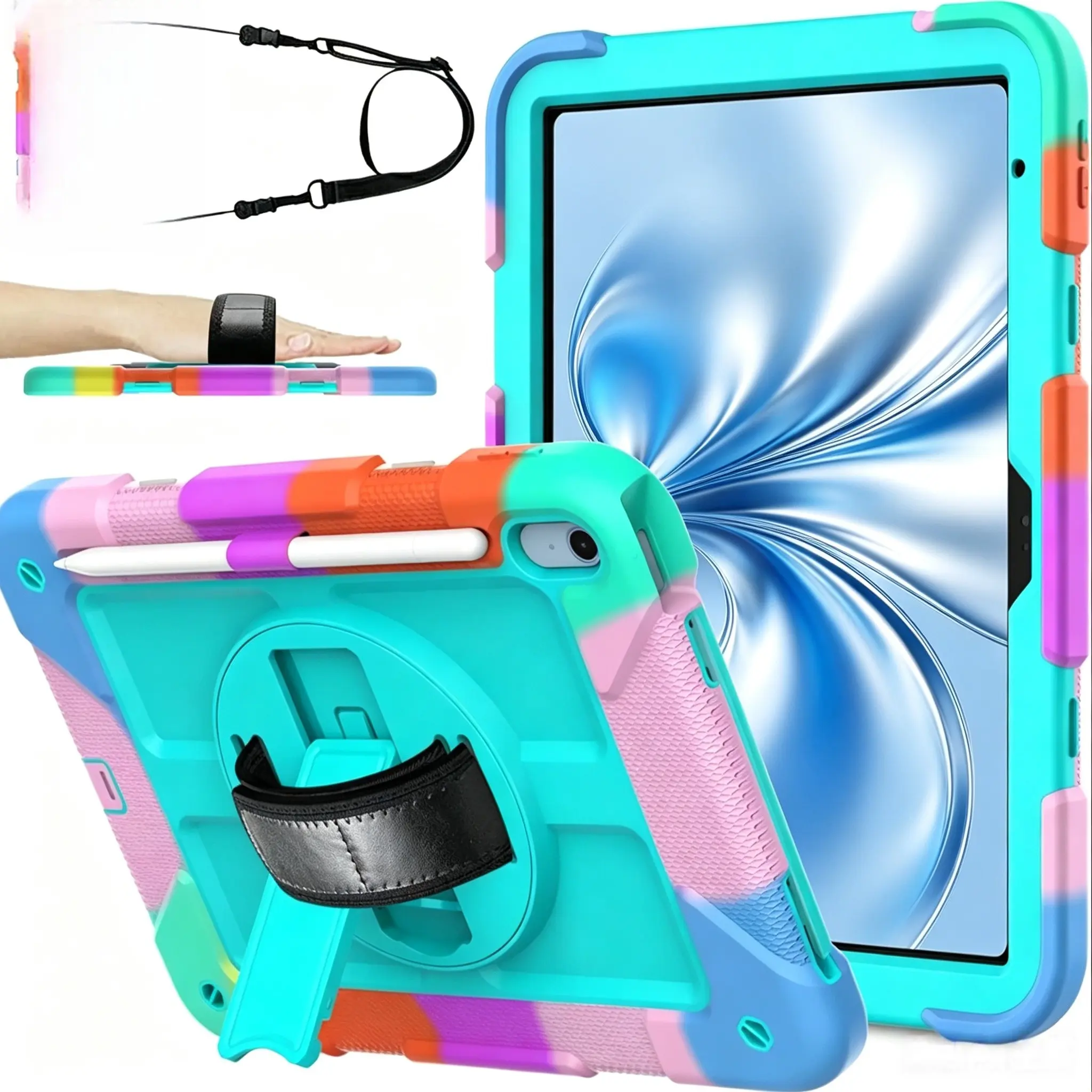 iPad A16 11th Gen 11-Inch/10th Gen 10.9-Inch 2022 Case, 360° Rotating Handle, Back Strap, Lanyard, Protective Tablet Cover
